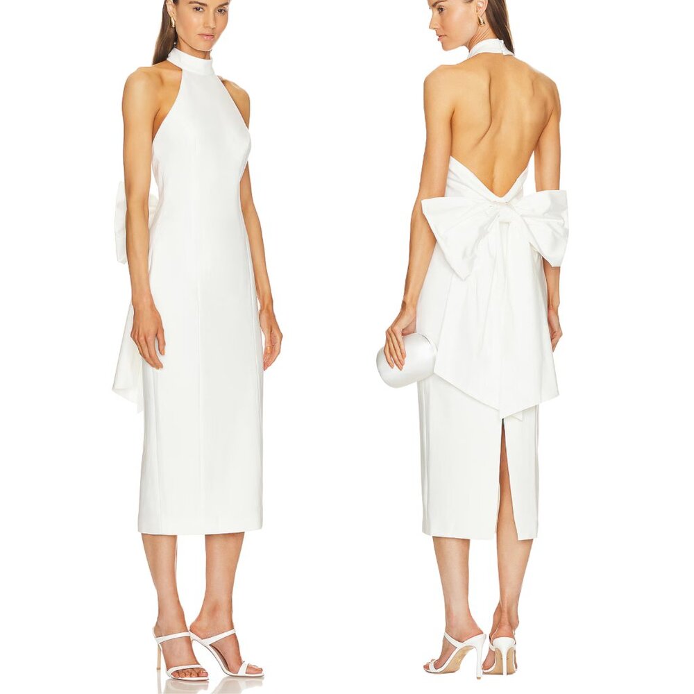 NWT ELLIATT Odori Dress, Sz Large, Ivory, Halter Neck, Low Back with Bow Accent
